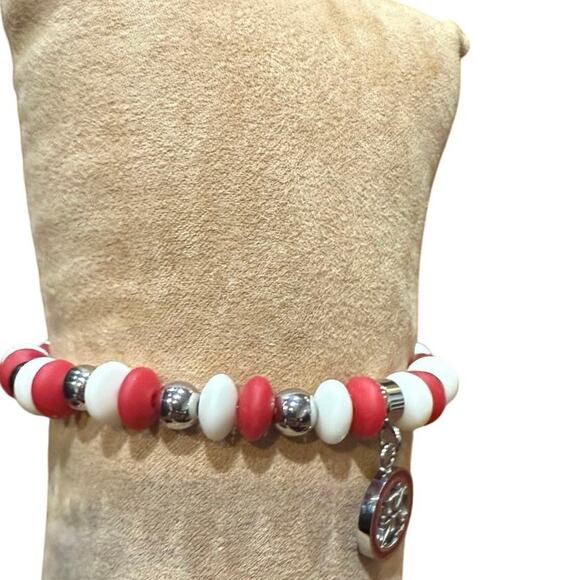Rustic Cuff Red, White , & Silver Beads Stretch Bracelet Stackable logo charm - Picture 11 of 12